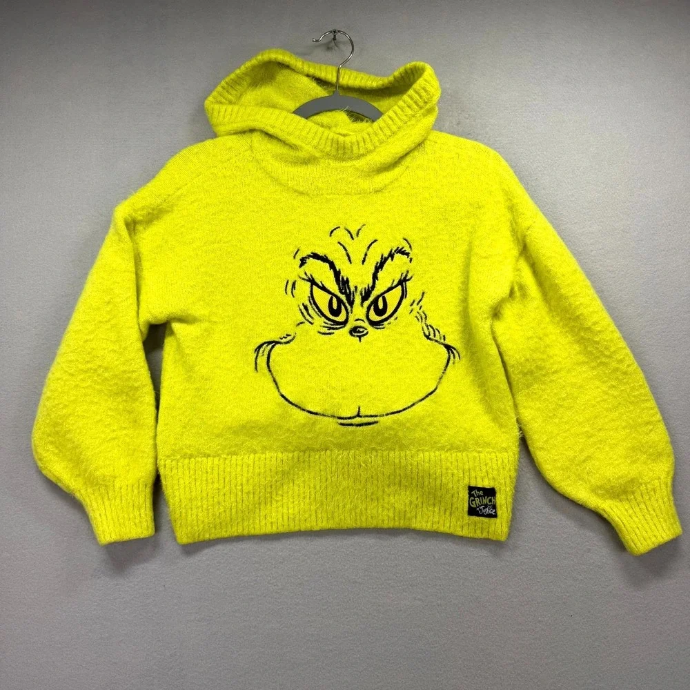 The Grinch Justice Hooded Sweater Girls Large Lime Green Graphic Logo Fuzzy Knit